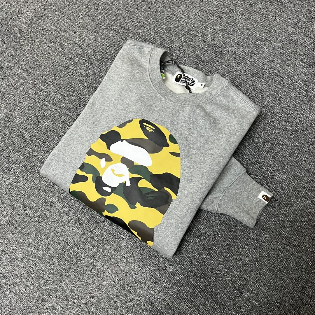XX 239 BAPE camouflage ape head letter print round neck sweatshirt customized fabric high quality 420g pure cotton weight Couple model: S—XXL [Black Gray]